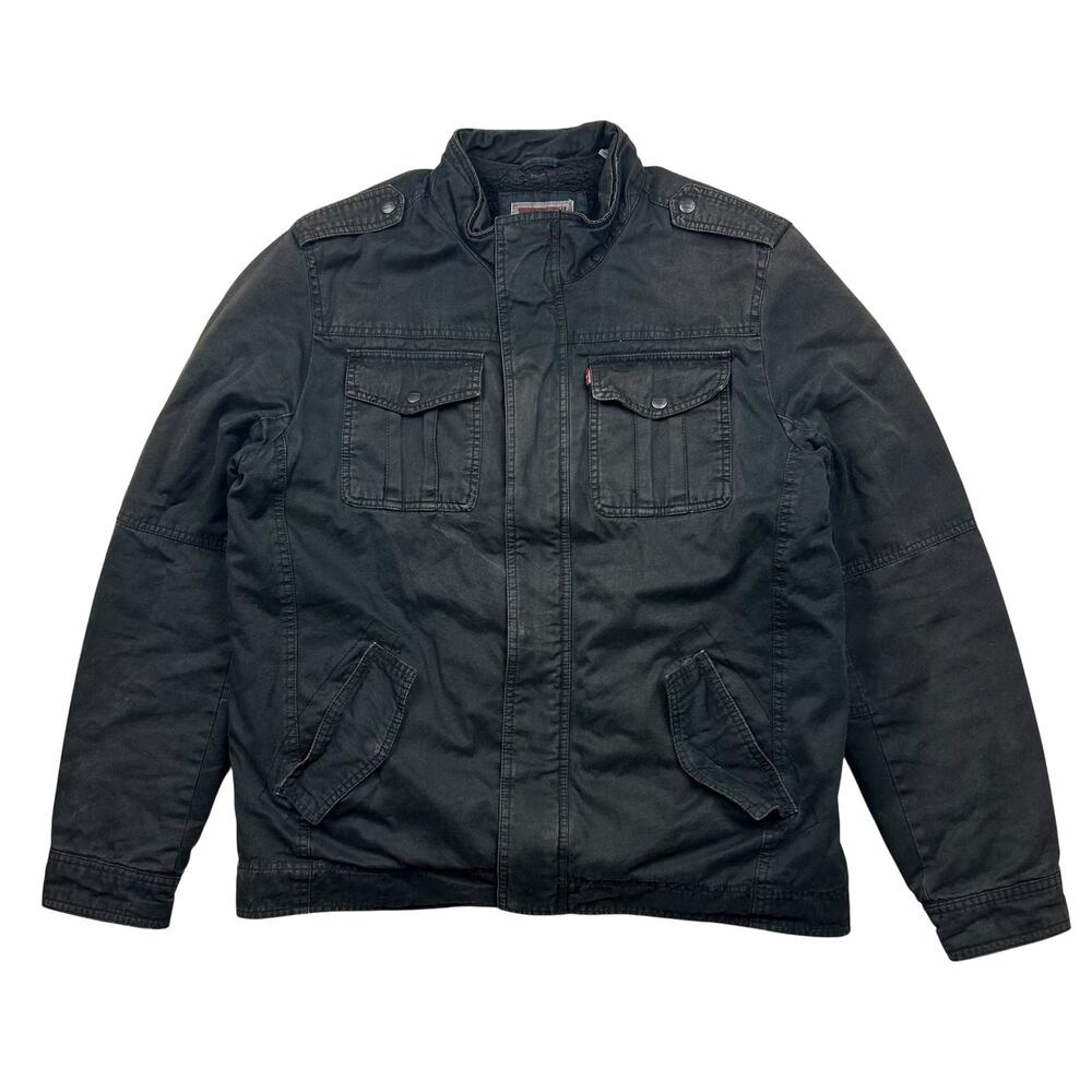 Levis Sherpa Lined Jacket Mens Black Faded Military Field Trucker Coat